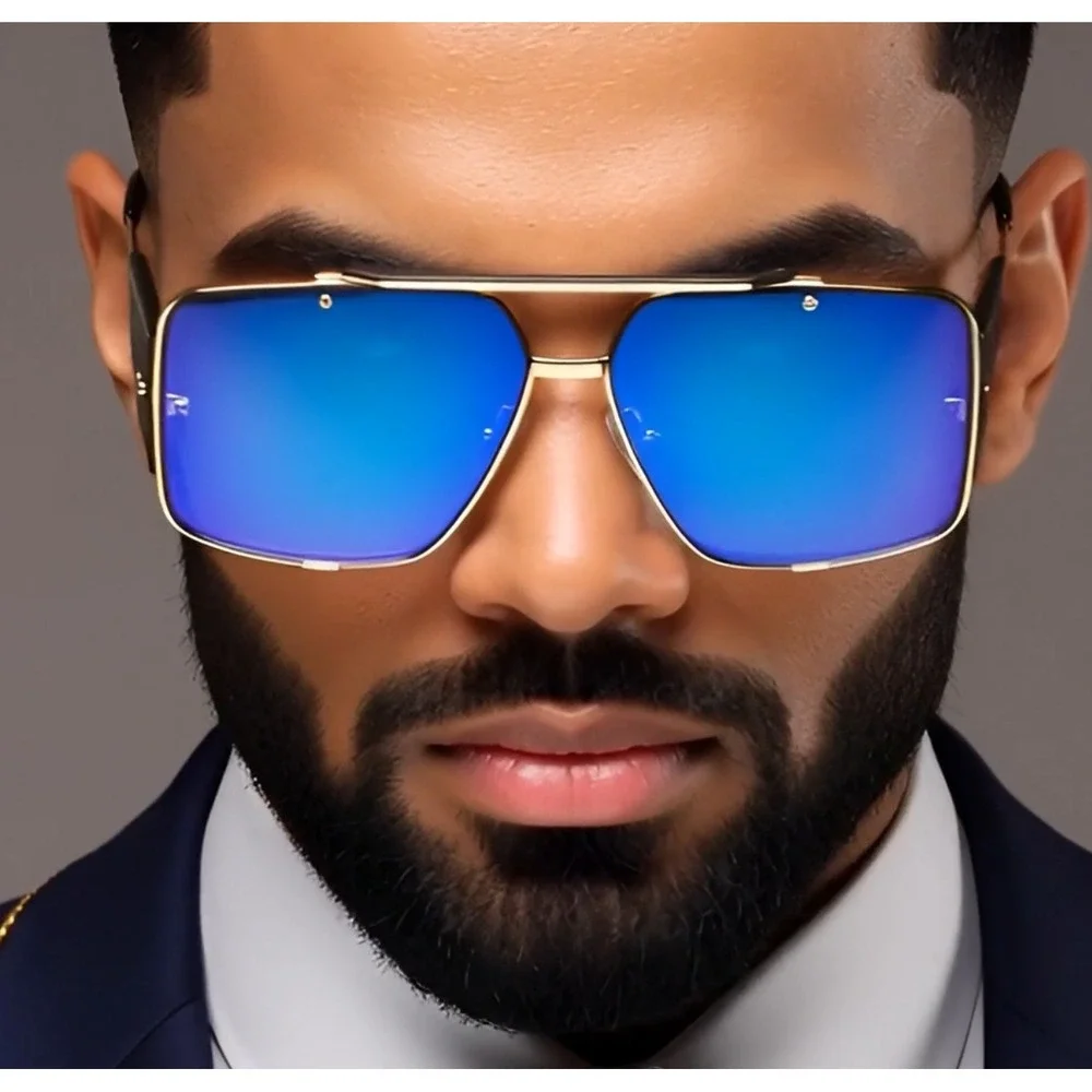 Mens Oversized Square Sunglasses Gold Frame Mirrored Blue Lenses Fashion Eyewear